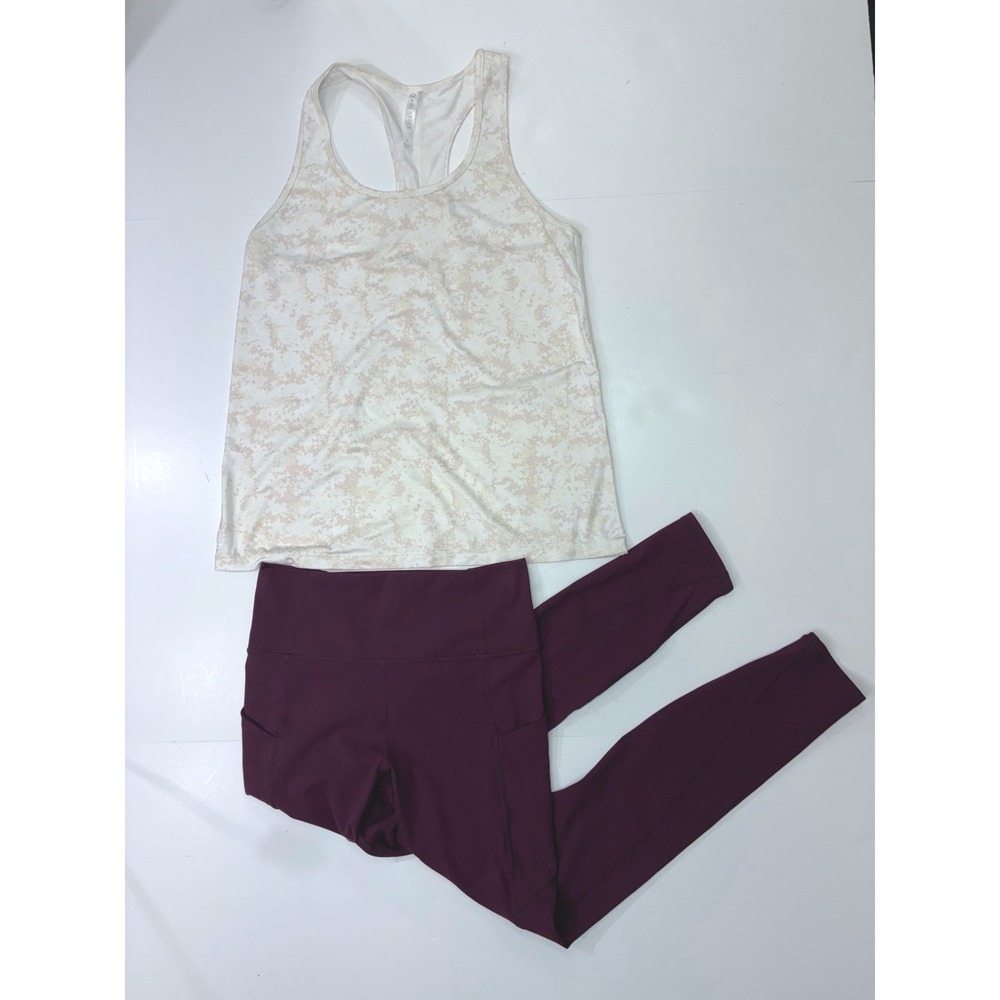 Fabletics Bundle Womens Activewear Set Small Plum Leggings Beige Marble tank